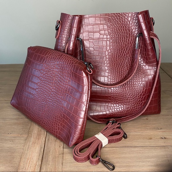 Maroon faux leather crocodile bag